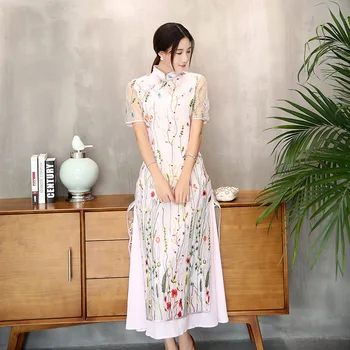 New improved Cheongsam short sleeved embroidered dress lace woman Asian retro style long fashionable dress Qipao Ethnic Ao Dai women s fashionable collared short sleeved dacron dress w belt deep blue xl