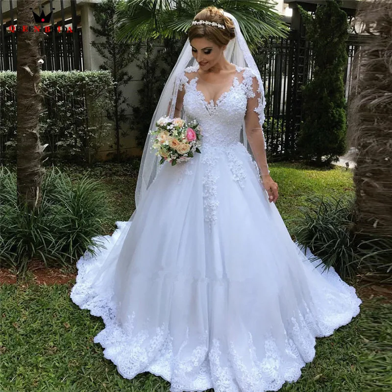 

Custom Made Ball Gown Long Sleeve Tulle Lace Appliques Marriage Elegant Formal Wedding Dresses 2023 New Bridal Gown NY39