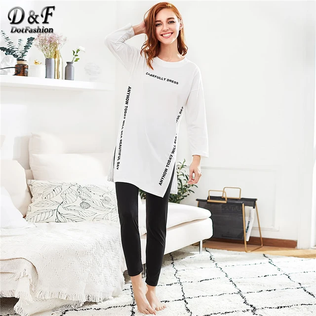 Dotfashion Embroidered Slit Side Long Pajama Set 2019 New Black And White Letter Round Neck Long Sleeve Women Pajama Set