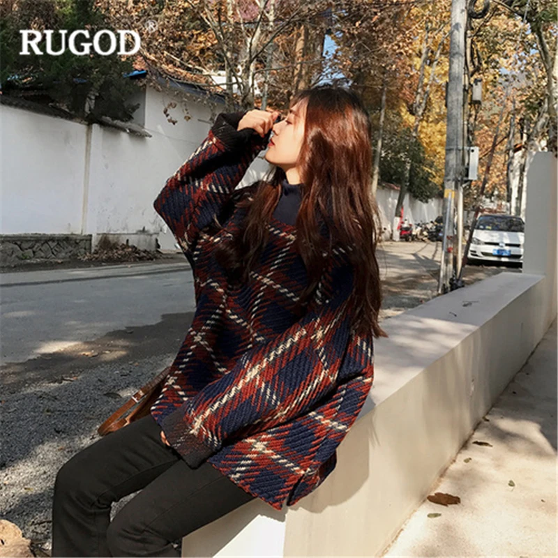 RUGOD New Vintage Plaid Wool Coat Women 2018 Autumn Winter Turtleneck Pullover Woolen Jacket Thick Women Clothing Casaco Femme