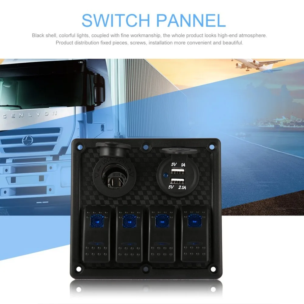 

5 PIN 4 Gang Waterproof RV Car Marine Boat Circuit Breaker LED Rocker Switch Panel Dual USB Charger Cigarette Socket