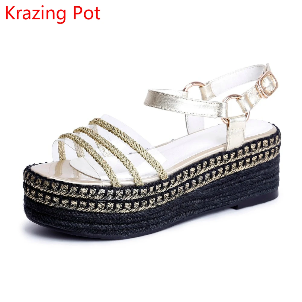 

2017 new Genuine Leather Increased Handmade Straw Peep Toe Wedges High Heels Women Sandals Ankle Straps Concise Summer Shoes L77