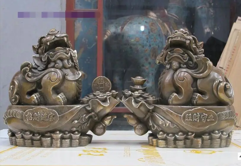

free 11"China Brozne ART Coin Treasures Foo Dog Lion Pair Statue fast
