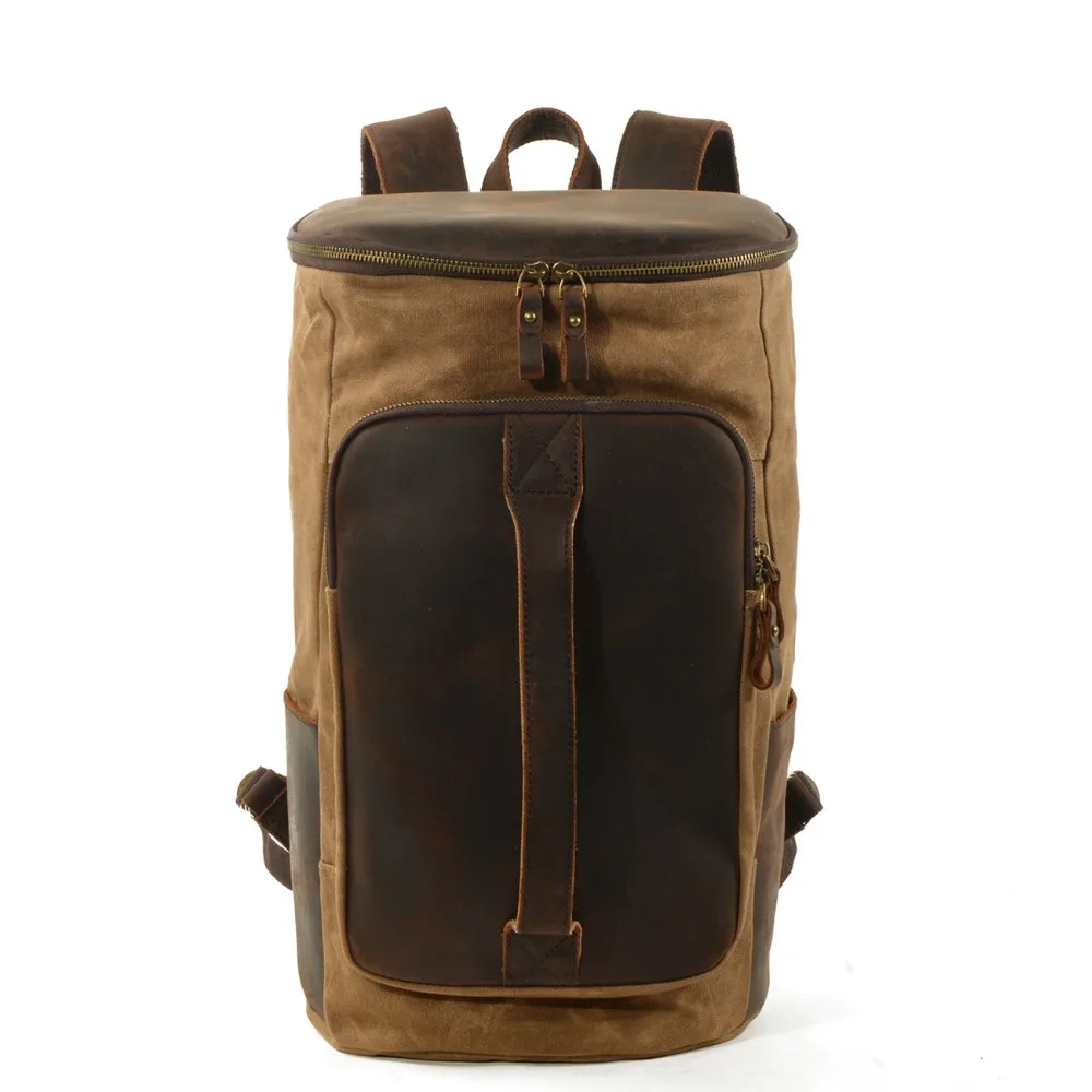 Promo  M267 New Vintage Bucket Oil Waxed Canvas Leather Backpack Large Capacity Teenager Traveling Waterpr