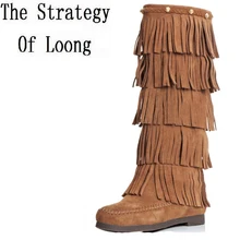 Женские осенне-зимние модные сапоги до колена из нубука с кисточками и круглым носком на молнии сбоку размеры 34-39 sxq0907