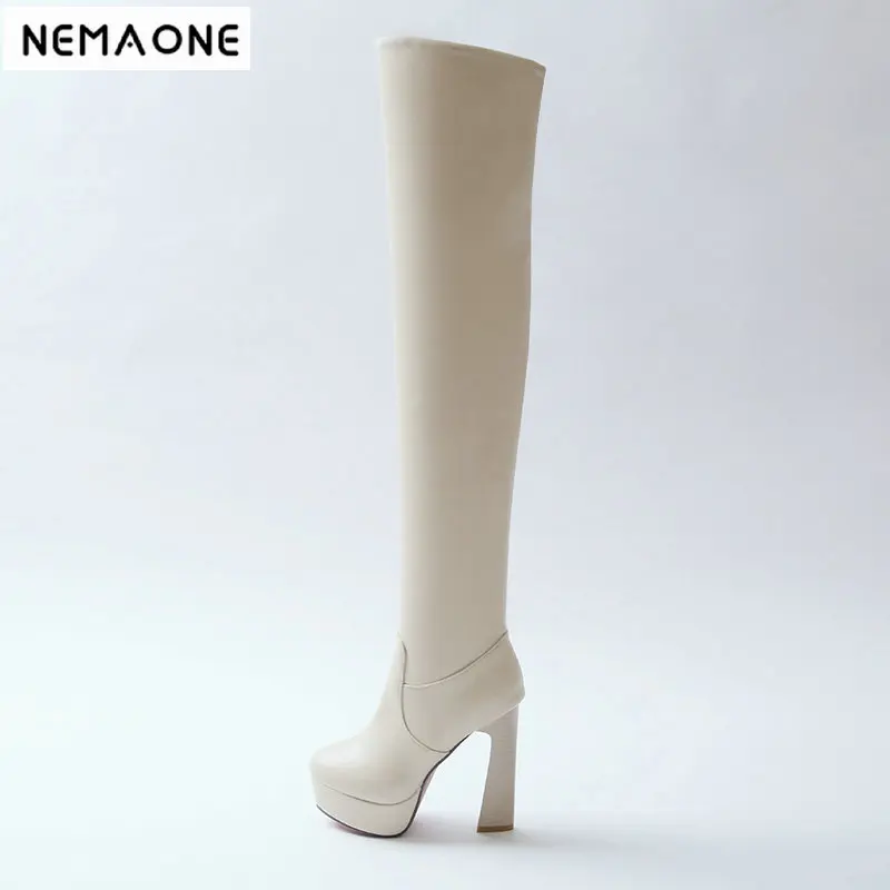 

2019 Women 12cm Super High Heel Over The Knee Women Boots Elastic Band Sweet Women Party Club Shoes Black White And Beige