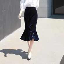 Высокая талия юбки женская облегающая одежда юбки "рыбий хвост" Осень Вельвет лист лотоса открытый вилка Дамская облегающая юбка-годе для девочек