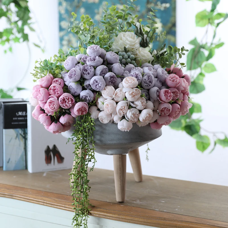 

Artificial Silk 27 Heads Tea Rose Flower Bouquet Home Hotel Table Decoration Fake Flower Wedding Bride Holding Floral Bouquet