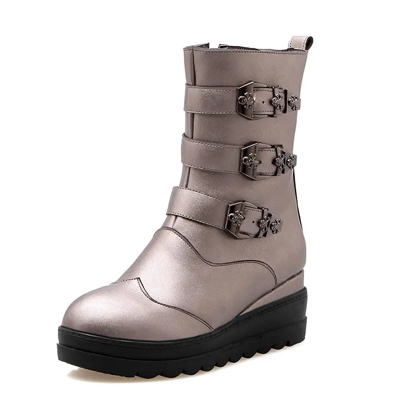 

cozy wedges fashion round toe ankle boots side zipper punk belt buckles Neutral Retro handsome mid-calf motorcycle boots dxj1075