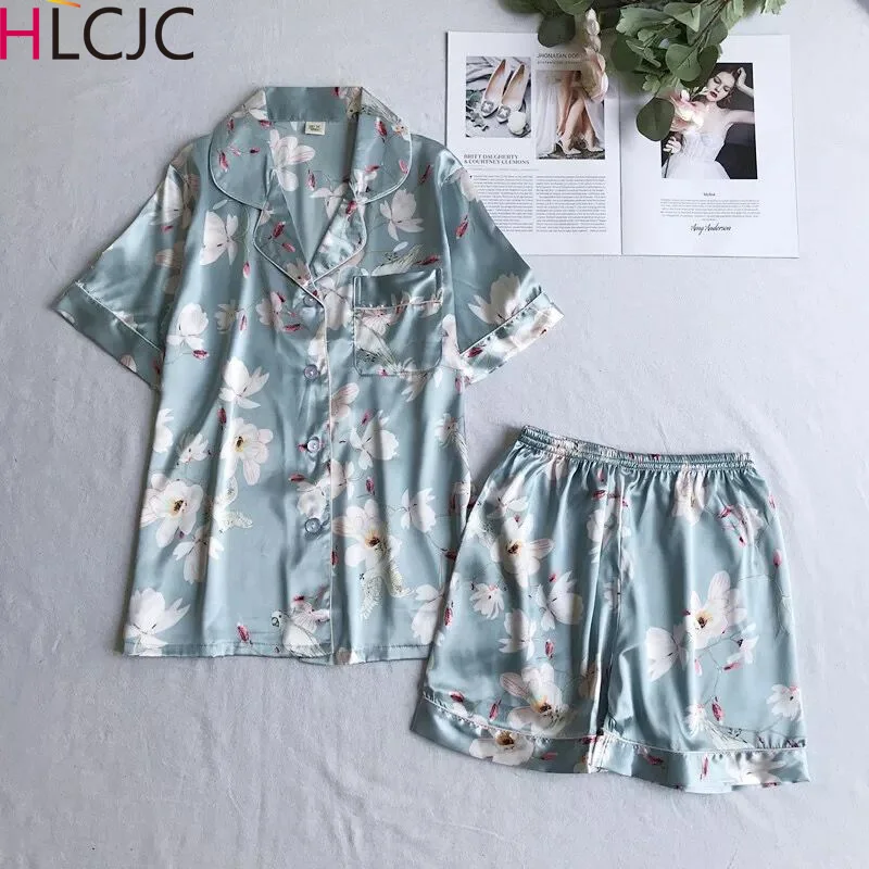 

2019 Fashion Women Simulation Silk Print Pajamas Short Sleeve Turn- down Collar Sleepwea 2PC Set High Quality Sleepshirt