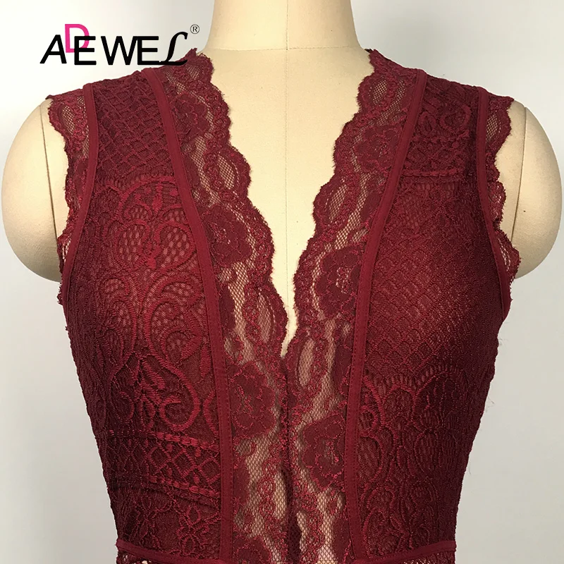 ADEWEL Women Black Hollow-out Lace Bodysuit Sexy Sleeveless V Neck Body Tops Female Club Wear Skinny Transparent Bodysuits  