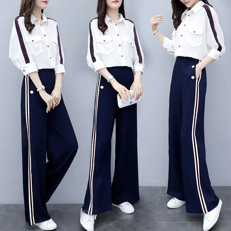 

2019 New Spring Summer Fashion Women's Sets Color Block 3/4 Sleeve Blouses + Wide Leg Long Trousers Casual Female Suits