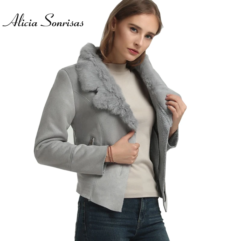

Winter Faux Sheepskin Jacket Women Suede Jacket Lambs Wool Locomotive Real Rabbit Fur Collar Long Sleeve Warm Slim Coats