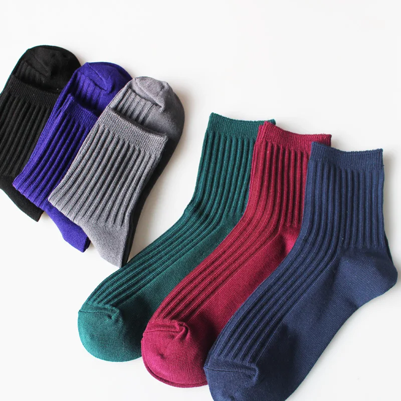 

College style Solid color stripe ankle socks work happy compression Breathable Autumn Winter Red wine cotton women men sokken