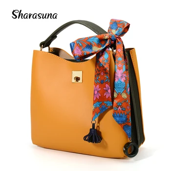 

White Yellow Color Bucket Bag with Scarf New Korean Fashion All-match Women PU Leather Handbgs Crossbody Shoulder Messenger Bags
