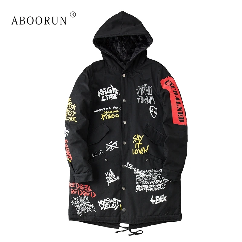 

ABOORUN Winter Long Trench Coat Men's Hip Hop Graffiti Printed Hooded Jackets BF Thick Warm Parka Outerwear