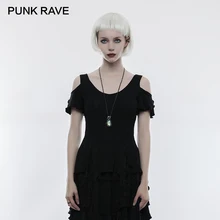 Панк рейв Готический роса плечо гофрированные манжеты с короткими рукавами черная футболка винтажная приталенная Сплит сломанные кружева танцевальные топы футболки