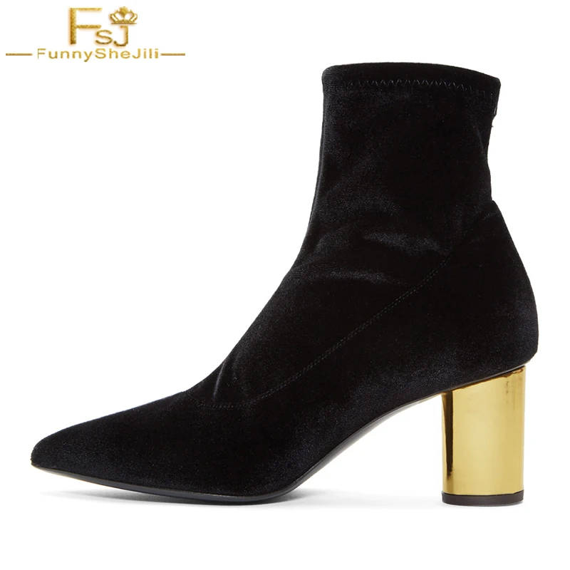 

FSJ 2020 Back Zippers Black Fashion Luxury Velvet Round Golden Heels Mid Calf Boots Winter Woman Dress Work Pointed Toe Shoes