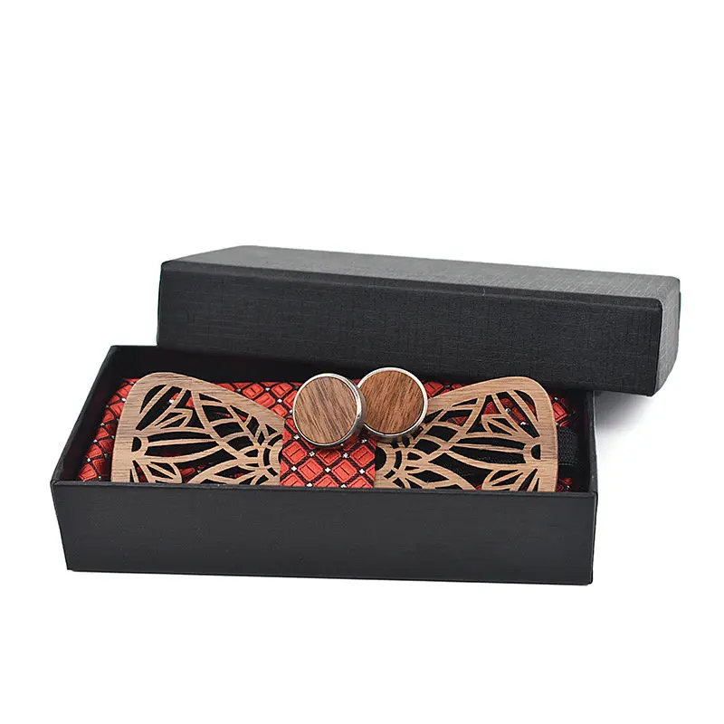 

Men Wedding Suit Party Hollow Engrave Carved Wood Bow Tie Wood Cufflink Bowtie Plaid Handkerchief Pocket Square Box Neck Tie Set