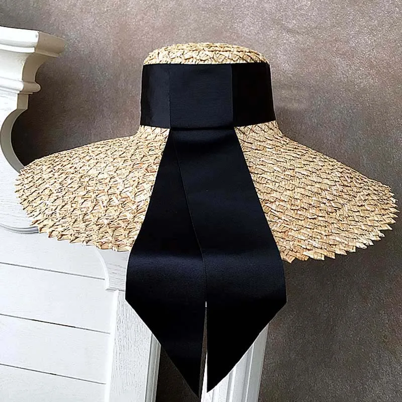 Women Classical Wheat Straw Hat Summer Cap 18cm Large Wide Brim Sun Hat Elegant Floppy Ribbon Beach Hat Vocation Derby Hat