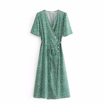 

V Neck Green Floral Printed Women's Dress Summer Casual Short Sleeve Slim A Line Wrap Female Dresses Beach Boho Chic Vestidos