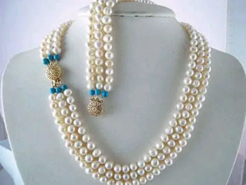 

FREE SHIPPING7-8MM 3 row WHITE FW PEARL NECKLACE +BRACELET SETt (A0423)