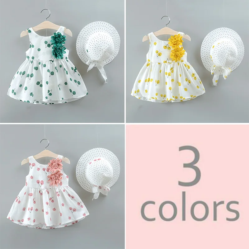 

Summer Girls Clothes Sets Baby Girl Sweet Dress Sleeveless Top+Hat Suits Kids Clothing Printed Children's Clothes 2pcs
