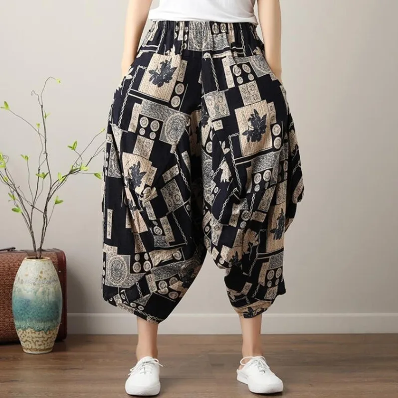 #0621 Summer Vintage Wide Leg Pants Women Printed Big Size Elastic Waist Retro Cross Pants Female Loose Cotton Linen Trousers #0621 Summer Vintage Wide Leg Pants Women Printed Big Size Elastic Waist Retro Cross Pants Female Loose Cotton Linen Trousers