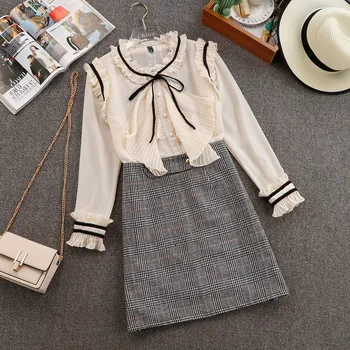 

New Spring Summer Fashion Women's Sets Elegant Ruffles Long Sleeve Chiffon Blouses + Slim Hip Plaid Skirts Female Suits