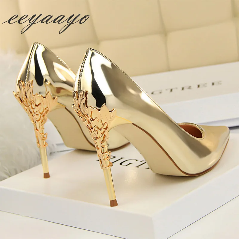 

2019 New Spring/Autumn Women Pumps High Thin Metal Heel Pointed Toe Sexy Ladies Bridal Wedding Women Shoes Gold High Heels Pumps