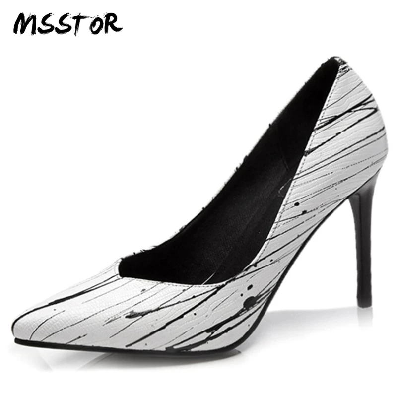 

MSSTOR Genuine Leather White Women Shoes High Heel Fashion Plus Size 34-42 Party Black Super High Pumps Pointed Toe Ladies Shoes
