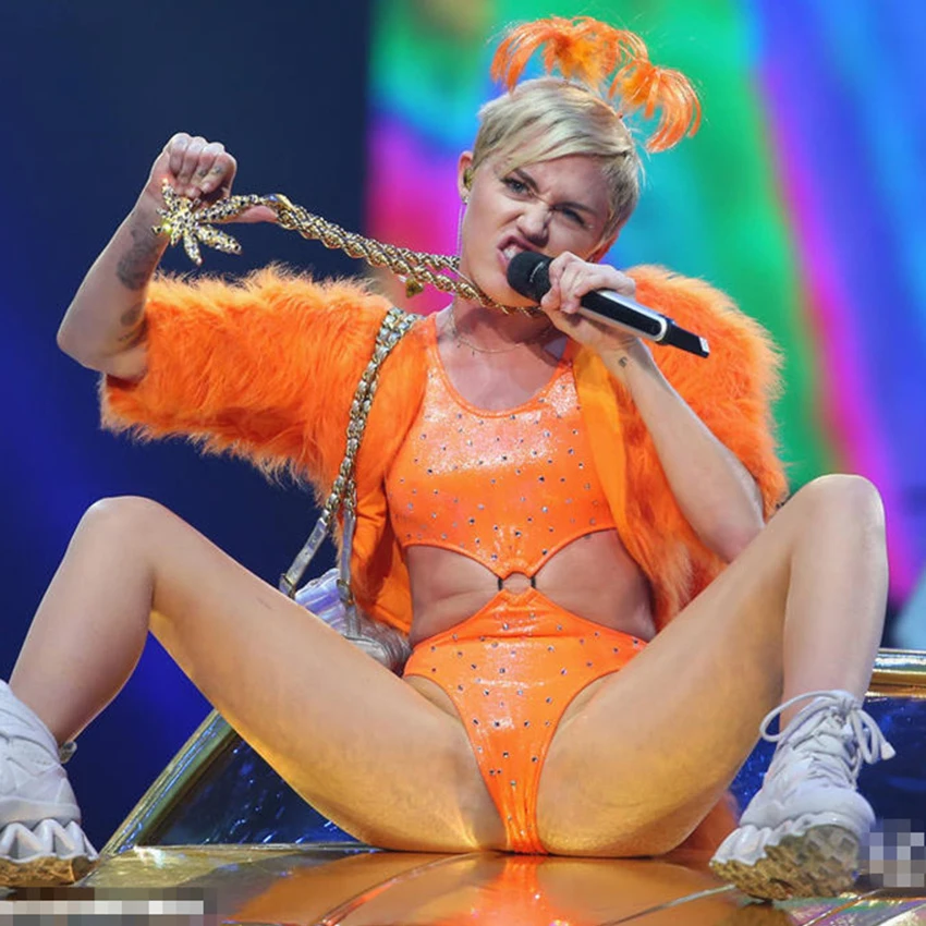 FREE SHIPPING Sexy Queen Custom Made Same WIth Miley Fluorescent Orange Hollow Out Rhinestone Swimsuit And