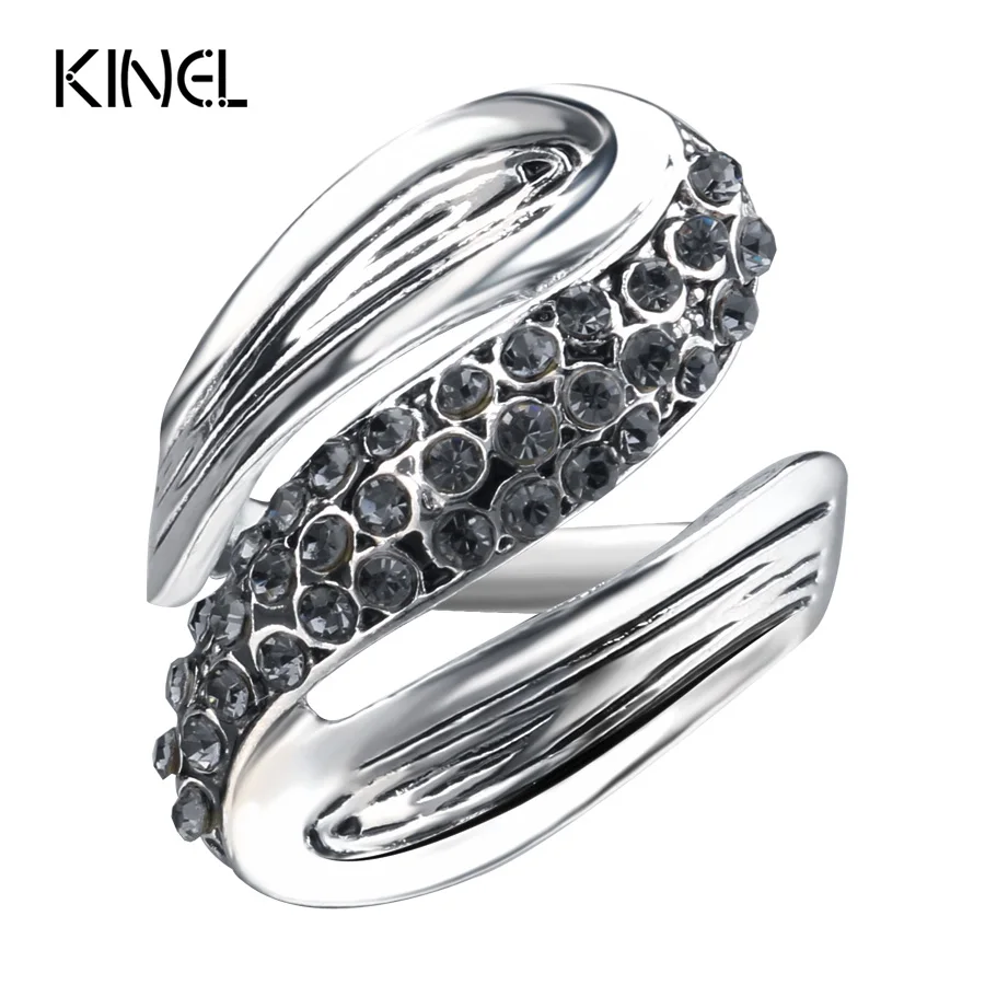 

Kinel 2017 New Gray Crystal Rings For Women Antique Silver Color Retro Jewelry Unique Party Gift