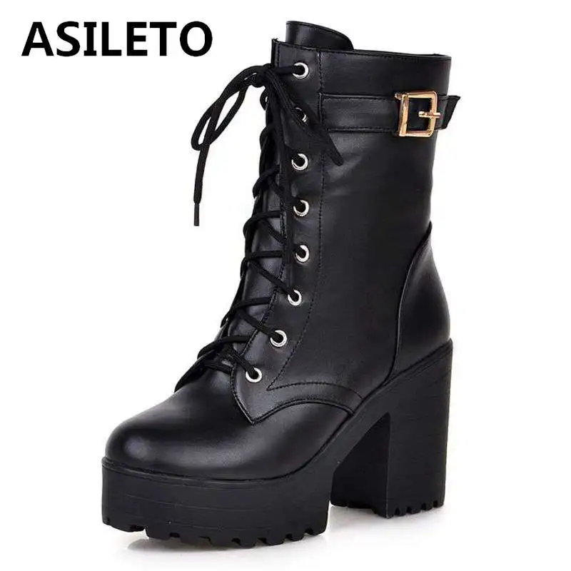 

ASILETO Autumn Winter Gothic ankle Boots buckle cross-tied Women White Square Heel Woman Leather Shoes platform botas Size 43