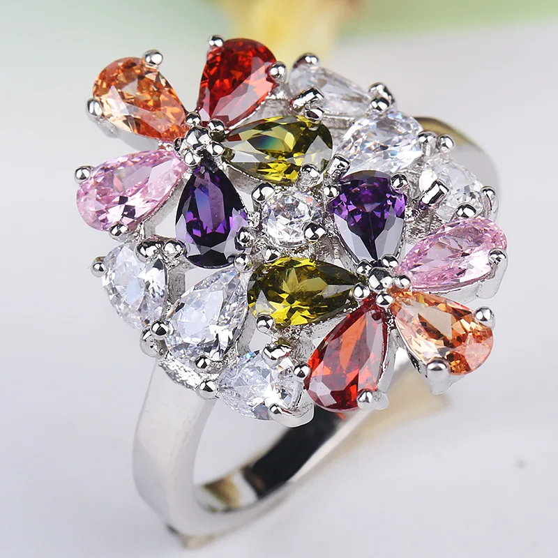 

NEW Solid white gold Ring Flowers Design CZ Romantic Wedding Fashion Jewelry Rings For Women Best Gift for Girls