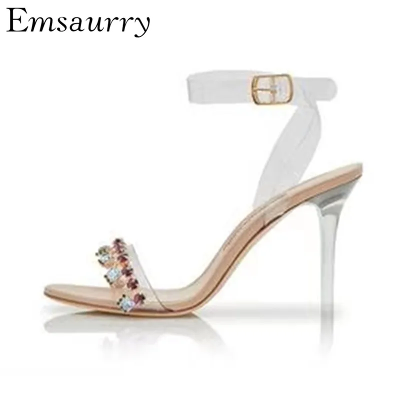 

Transparent PVC Gladiator Sandals Women One-strap With Red Rhinestone Crystal Thin High Heels 2019 Summer Sandalias Mujer