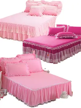 

Snow White Lace Bed Skirt Pillow cases 1/3Pcs Wedding Princess Bedding Girls Bedspread Bed sheet For