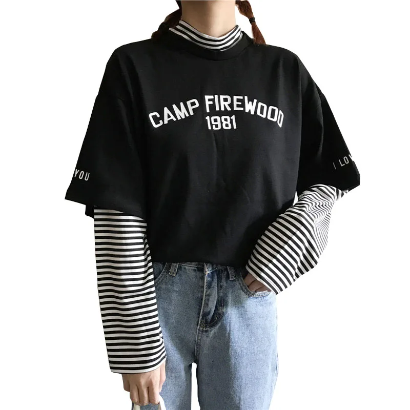 Женская свободная футболка с длинным рукавом в полоску|women harajuku|winter womenharajuku shirt women