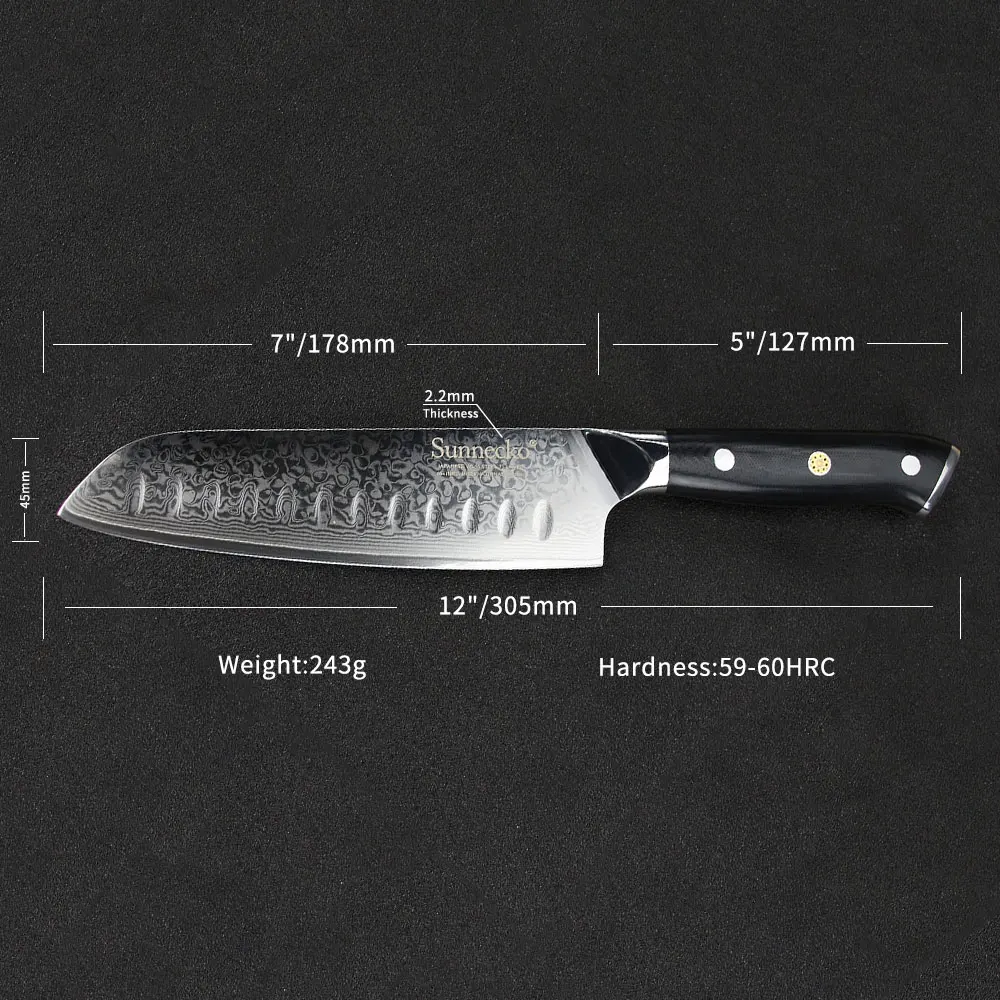 SUNNECKO 7 дюймов/5 дюймов Santoku Ножи Дамаск Сталь шеф-повара Кухня ножи японский VG10 лезвие острый для мяса с резьбовой головкой, режущий инструмент в виде G10 ручка