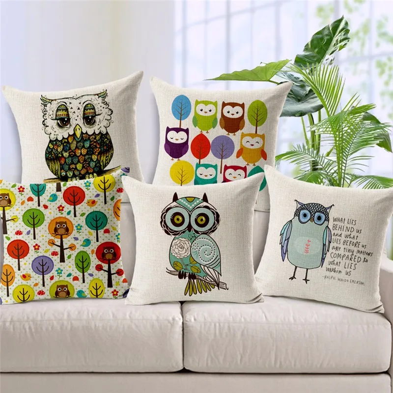 18" Cartoon Owl Pinrting Cotton Linen Pillow Case Cushion Cover Sofa Home Decor 