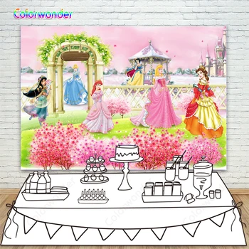 

Princess Theme Photography Background Snow White Beauty Mermaid with Other Princesses gathering in the Beautiful Garden Backdrop