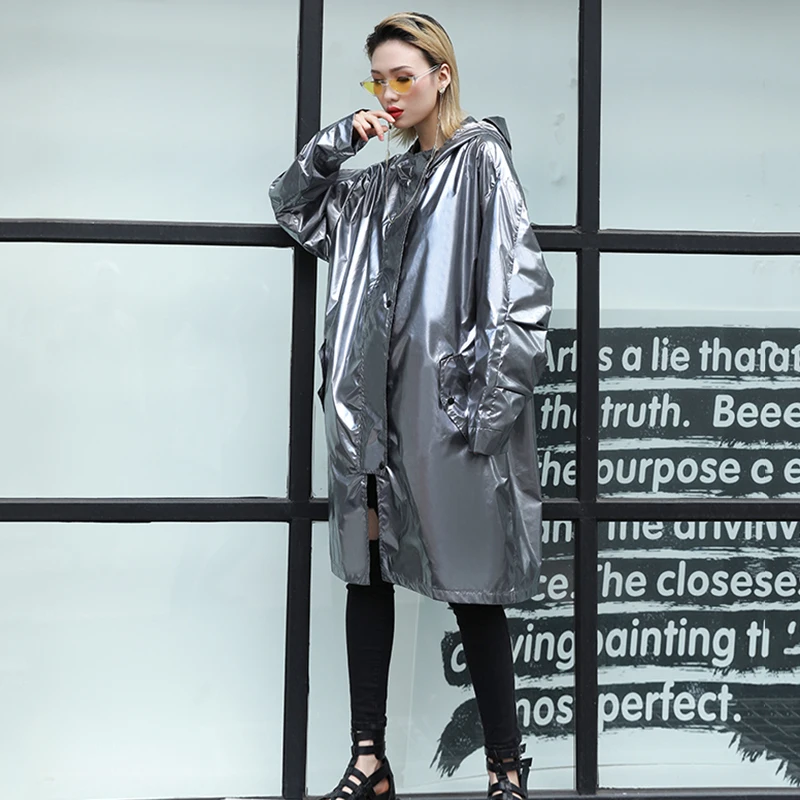D'impression Manches Tranchée 2019 Nouveau souris Couleur Chauve Femmes Surdimensionné Métal coat Printemps Capuche Black Streetwear Femelle silver À Manteau Mode Long Gray Trench 0PwOkNn8X