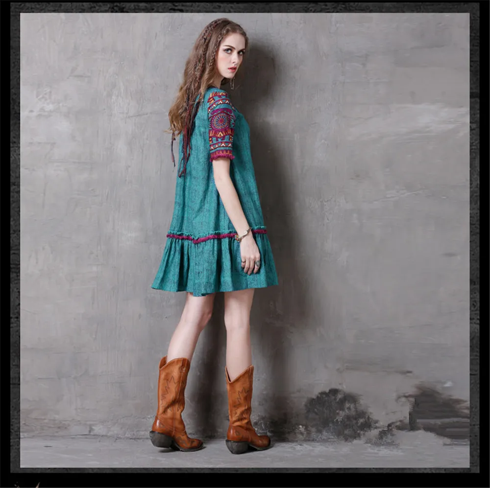 Vintage Women Summer Dress 2017 Boho New Denim Vestidos V-Neck A-line Embroidery Loose Natural Waist Thin Sundresses  (15)