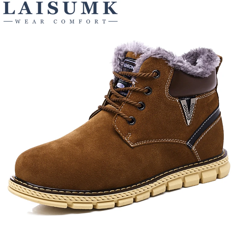 

LAISUMK Winter Fashion Men'S Snow Boots Suede Casual Men Lace Up Shoes Warm Male Ankle Boots Simple Korean Solid Color Footwear