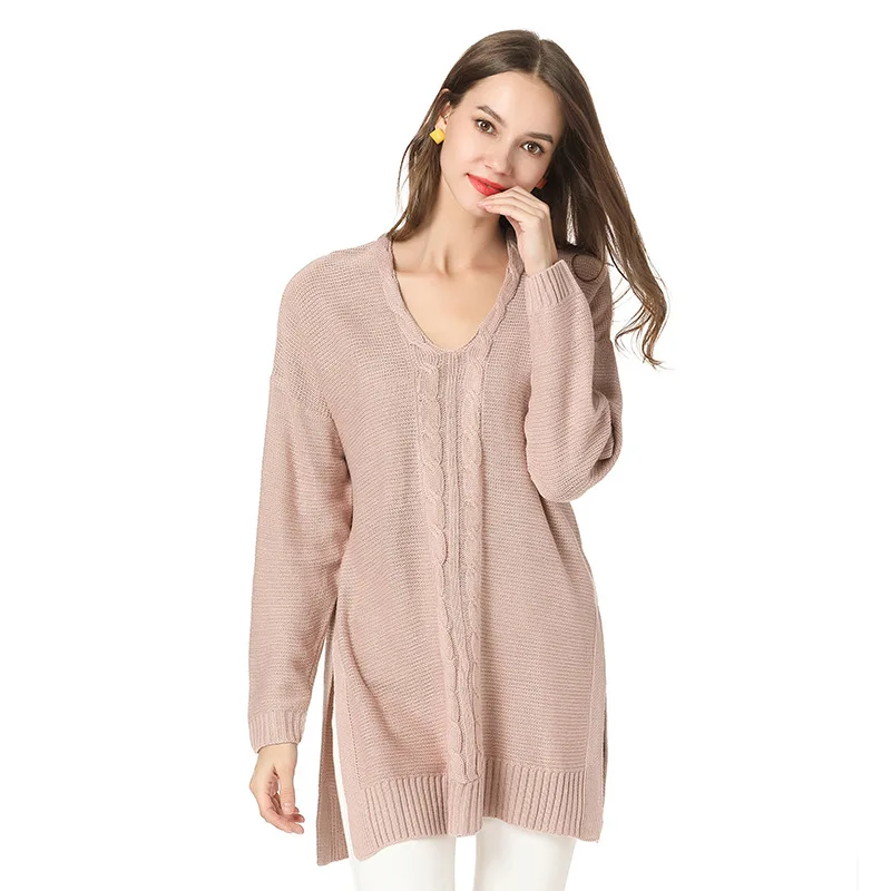 Women Knitted Sweater Pullovers V Neck Long Sleeves Ladies Split Hem Outwear 2018 Autumn Winter NEW Fashion Long Female Sweaters Women Knitted Sweater Pullovers V Neck Long Sleeves Ladies Split Hem Outwear 2018 Autumn Winter NEW Fashion Long Female Sweaters