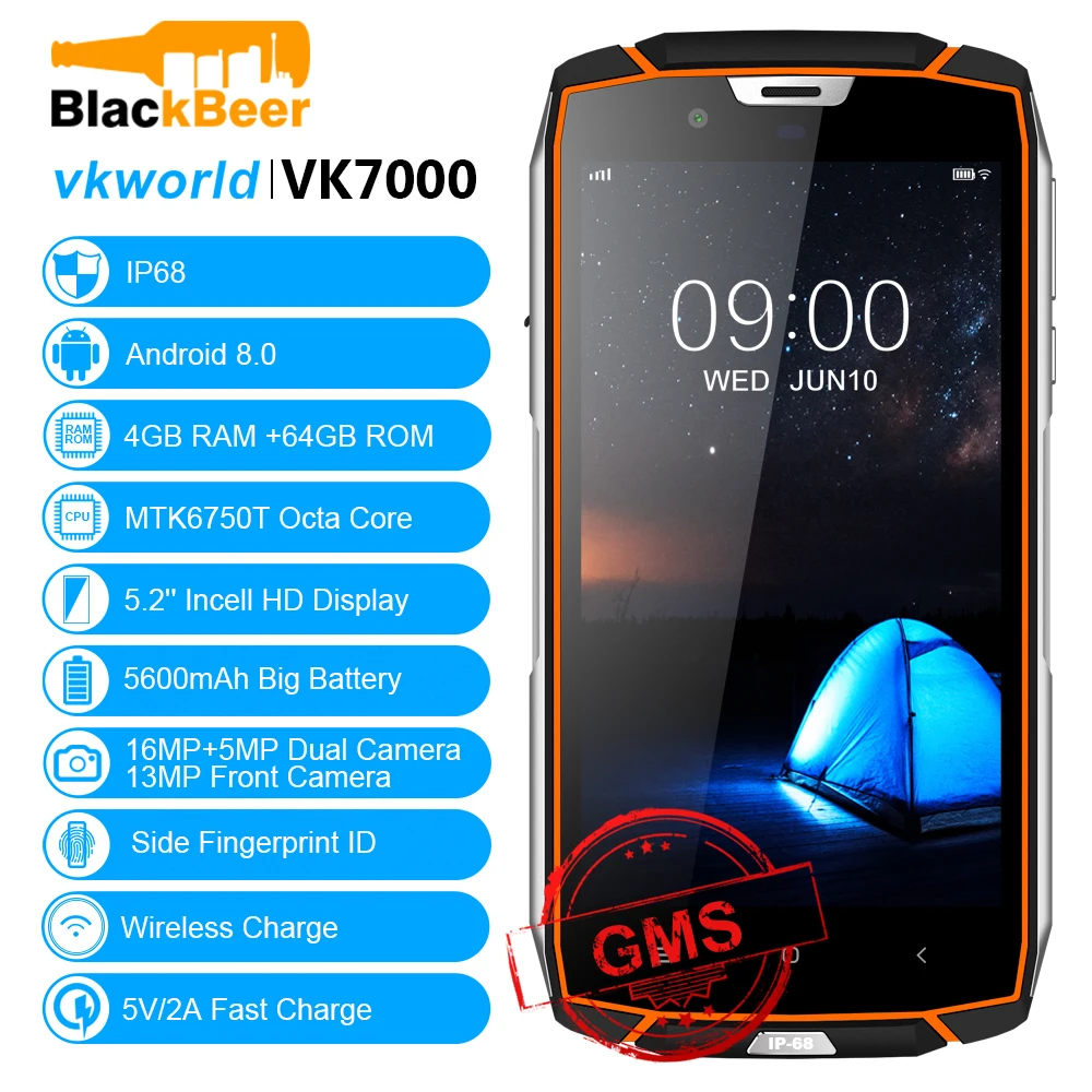 

Vkworld VK7000 Smartphone MTK6750T Octa Core 4GB 64GB ROM Android 8.0 Cellphone IP68 Waterproof Mobile Phone Face ID 16MP Camera