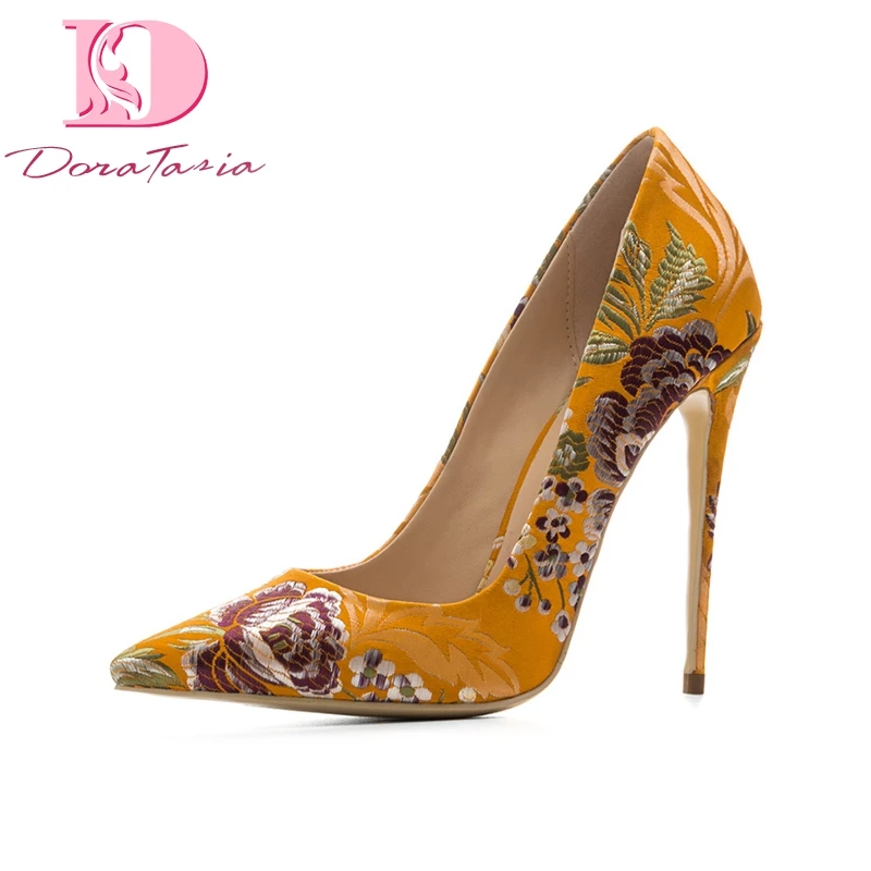 

DoraTasia New women's Silk Thin High Heels Print Pointed Toe Flower Shallow Shoes Woman Casual Pumps Plus Size 33-45