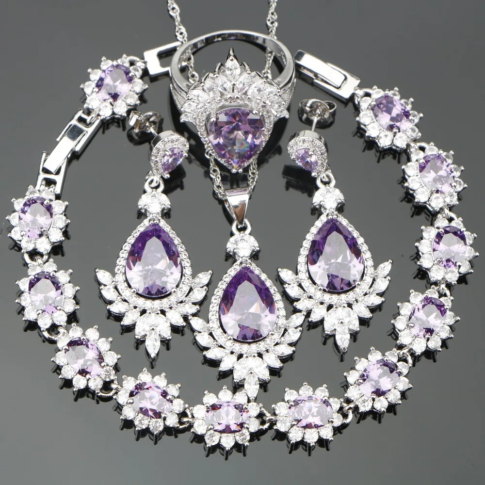 

Christmas Purple CZ Silver 925 Costume Bridal Jewelry Sets For Women Earrings/Rings/Pendant/Necklace/Bracelets Free Gift Box
