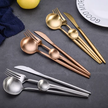 

4 Pcs Plated Portugal Spoon Fork Teaspoon Sets 304 Stainless Steel Western-style Food Tableware Flatware