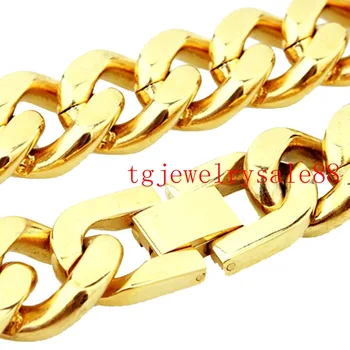 

New Fashion Gold Color Stainless Steel Curb Cuban Link Chain Bracelet Or Necklace Biker Men Trendy Jewelry 15mm Wide 7-40"